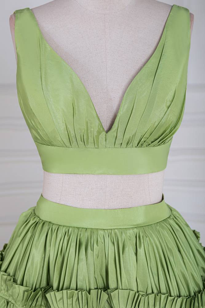 Sage Two-Piece V-Neck A-Line Satin Prom Dresses