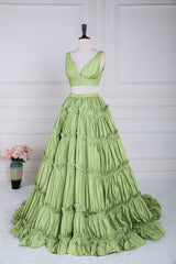 Sage Two-Piece V-Neck A-Line Satin Prom Dresses