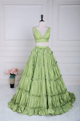 Sage Two-Piece V-Neck A-Line Satin Prom Dresses
