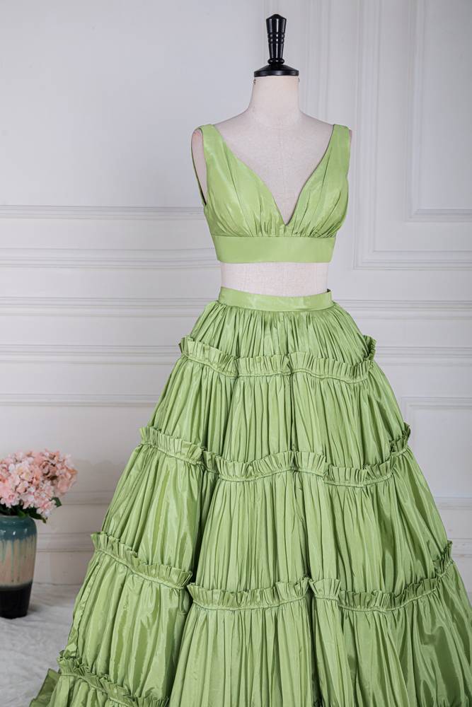 Sage Two-Piece V-Neck A-Line Satin Prom Dresses