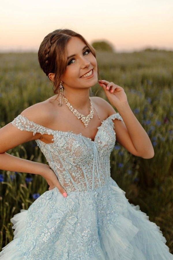 Sky Blue Off-The-Shoulder A-Line Sequined Tulle Prom Dresses with Slit