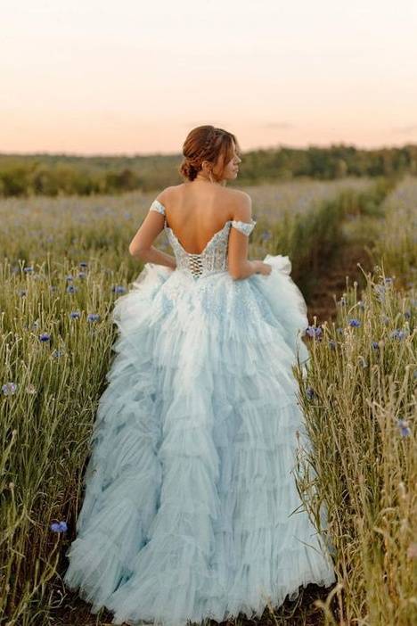 Sky Blue Off-The-Shoulder A-Line Sequined Tulle Prom Dresses with Slit