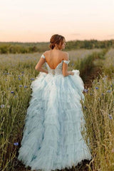 Sky Blue Off-The-Shoulder A-Line Sequined Tulle Prom Dresses with Slit
