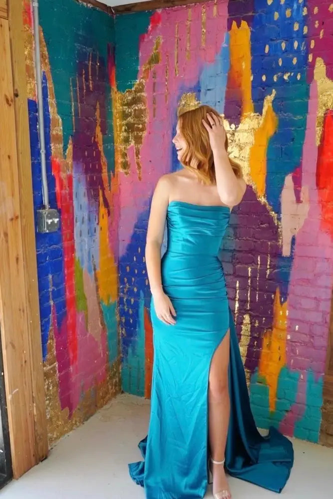 Trendy Strapless Mermaid Satin Long Prom Dresses with Lace-Up