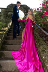 Fuchsia Sweetheart Long Mermaid Satin Party Dresses with Slit