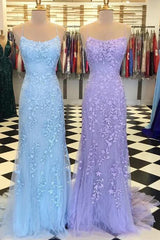 Purple Spaghetti Straps Long Mermaid Formal Prom Dresses with Appliques