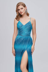 Blue Floor-Length Column Split Front Formal Dresses