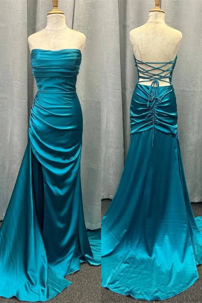 Trendy Strapless Mermaid Satin Long Prom Dresses with Lace-Up