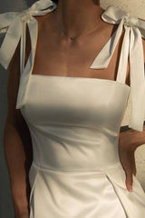 Square Neck Tea-Length A-Line Satin Formal Dresses