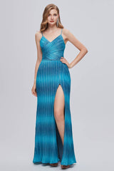 Blue Floor-Length Column Split Front Formal Dresses