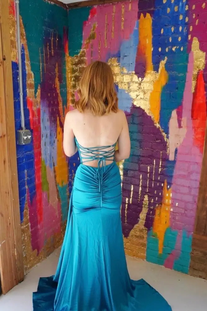 Trendy Strapless Mermaid Satin Long Prom Dresses with Lace-Up