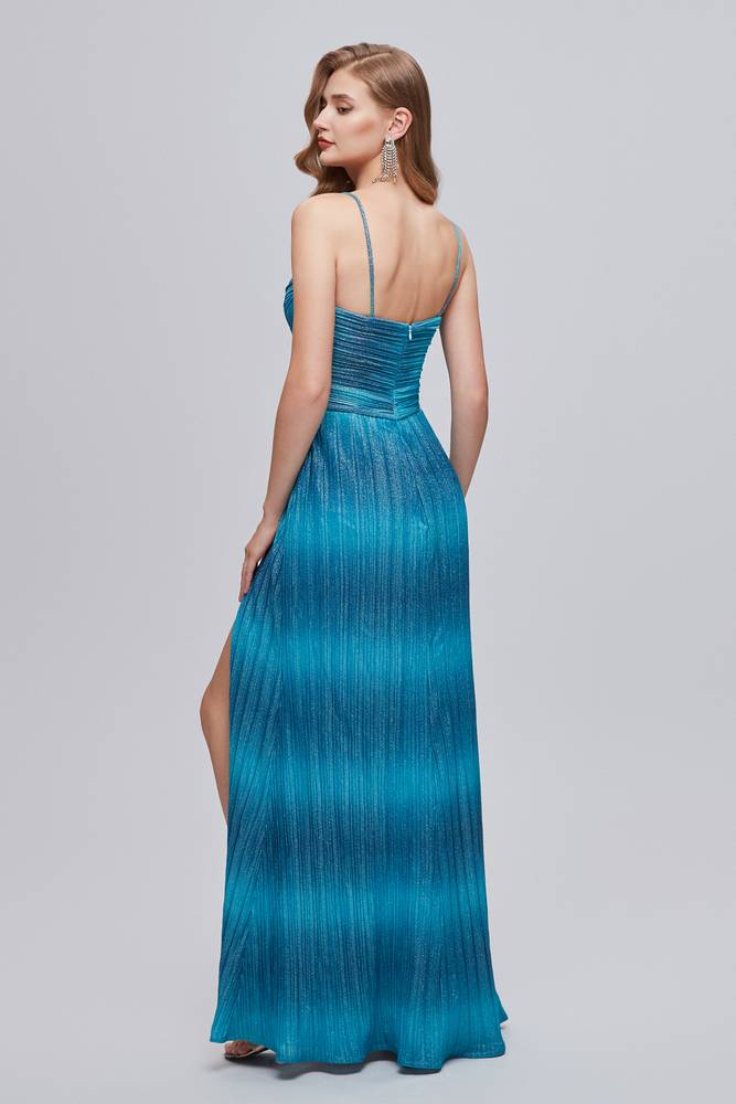 Blue Floor-Length Column Split Front Formal Dresses