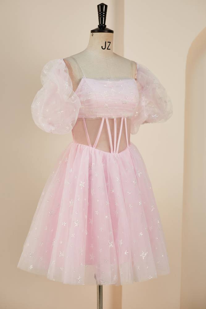 Blushing Pink Strapless Tulle Homecoming Dresses with Detachable Sleeves