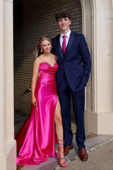 Fuchsia Sweetheart Long Mermaid Satin Party Dresses with Slit