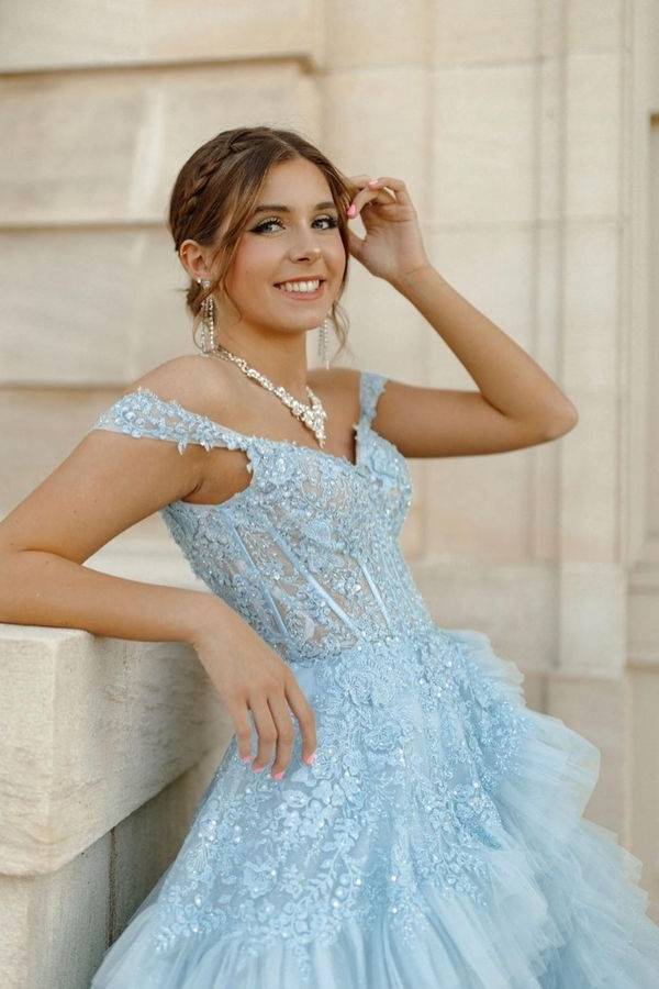 Sky Blue Off-The-Shoulder A-Line Sequined Tulle Prom Dresses with Slit