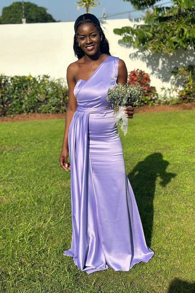Purple One-Shoulder Satin Mermaid Bridesmaid Dresses with Train