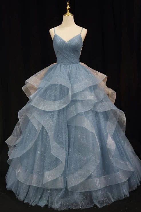 Dusty Blue V-Neck Organza Ball Gown Prom Dresses with Ruffles
