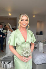 Sage V-Neck Short Sleeves Column Bridesmaid Dresses with Slit