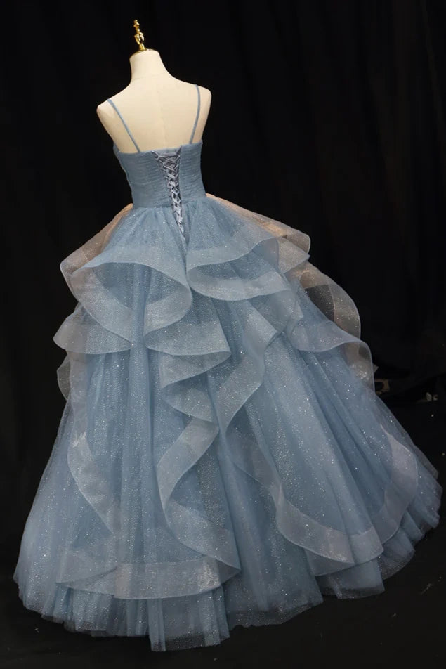 Dusty Blue V-Neck Organza Ball Gown Prom Dresses with Ruffles