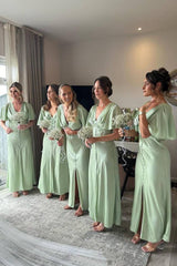 Sage V-Neck Short Sleeves Column Bridesmaid Dresses with Slit