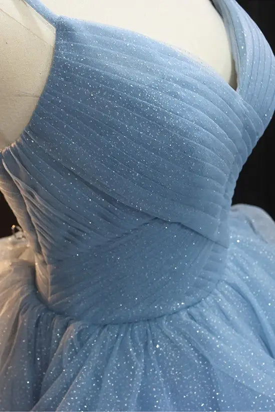 Dusty Blue V-Neck Organza Ball Gown Prom Dresses with Ruffles