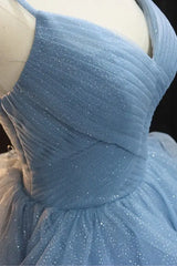 Dusty Blue V-Neck Organza Ball Gown Prom Dresses with Ruffles