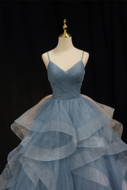 Dusty Blue V-Neck Organza Ball Gown Prom Dresses with Ruffles