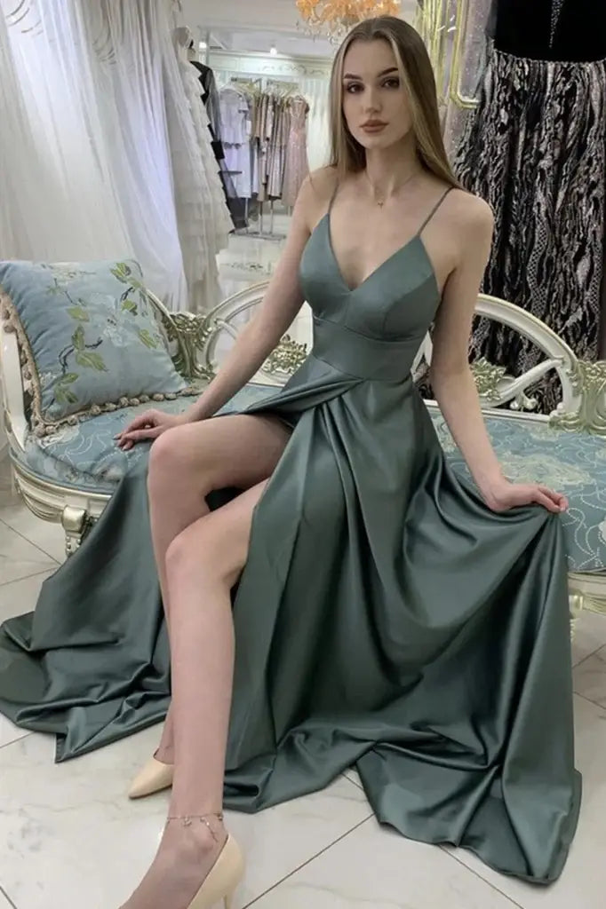 A-Line Spaghetti Straps V-Neck Satin Formal Dresses with Slit