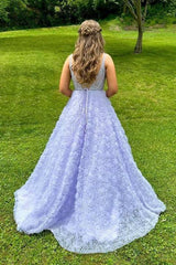 Lavender Long A-Line V-Neck Sleeveless Party Dresses