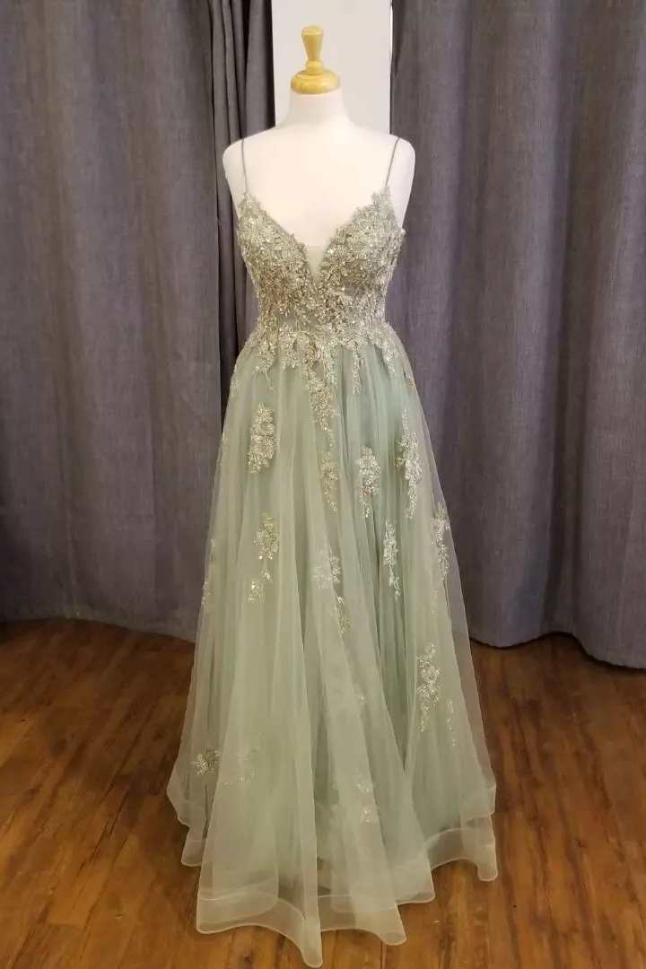 Sage V-Neck A-Line Tulle Prom Formal Dresses with Appliques