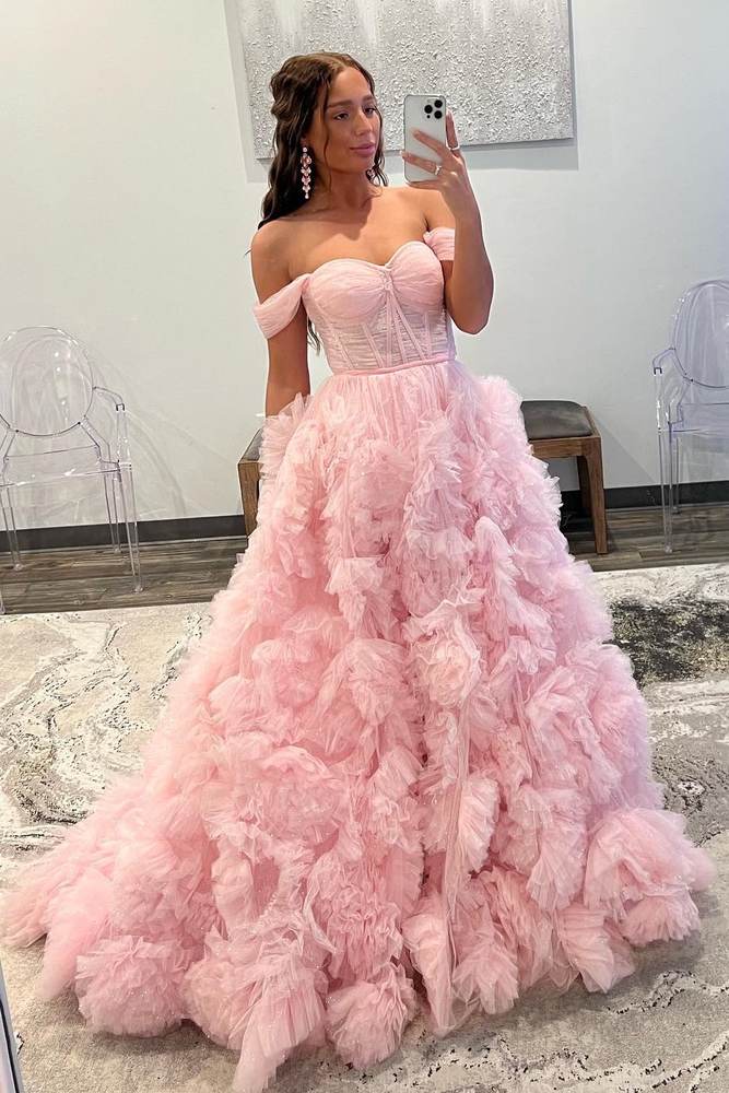 Pink Off-The-Shoulder Long A-Line Tulle Party Dresses with Slit