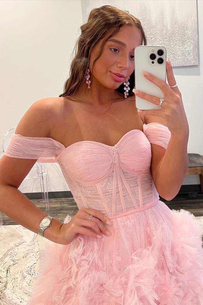 Pink Off-The-Shoulder Long A-Line Tulle Party Dresses with Slit
