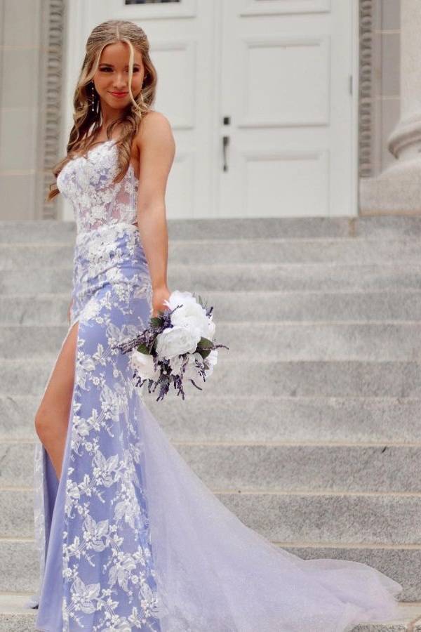 Purple Spaghetti Straps Backless Mermaid Tulle Prom Dresses with Slit