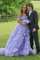 Lavender Off-The-Shoulder Long A-Line Tulle Party Dresses with Slit