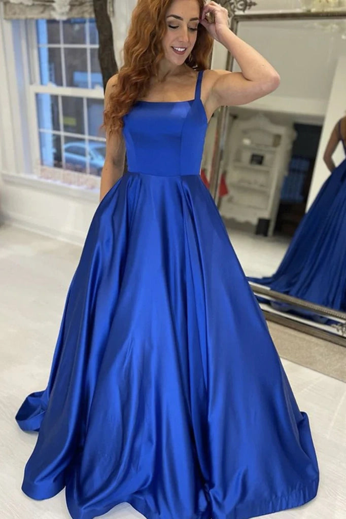 Royal Blue Ball Gown Satin Square Neck Prom Dresses
