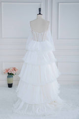 White Beaded Tiered Off-The-Shoulder Long Sleeves A-Line Prom Dresses