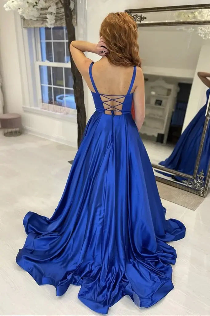 Royal Blue Ball Gown Satin Square Neck Prom Dresses