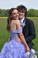 Lavender Off-The-Shoulder Long A-Line Tulle Party Dresses with Slit