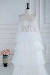 White Beaded Tiered Off-The-Shoulder Long Sleeves A-Line Prom Dresses