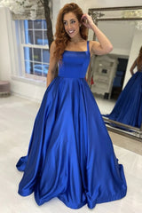 Royal Blue Ball Gown Satin Square Neck Prom Dresses