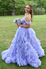 Lavender Off-The-Shoulder Long A-Line Tulle Party Dresses with Slit