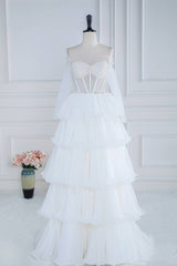 White Beaded Tiered Off-The-Shoulder Long Sleeves A-Line Prom Dresses