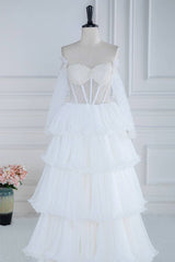 White Beaded Tiered Off-The-Shoulder Long Sleeves A-Line Prom Dresses
