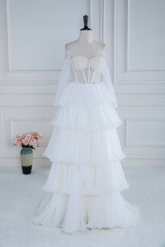 White Beaded Tiered Off-The-Shoulder Long Sleeves A-Line Prom Dresses
