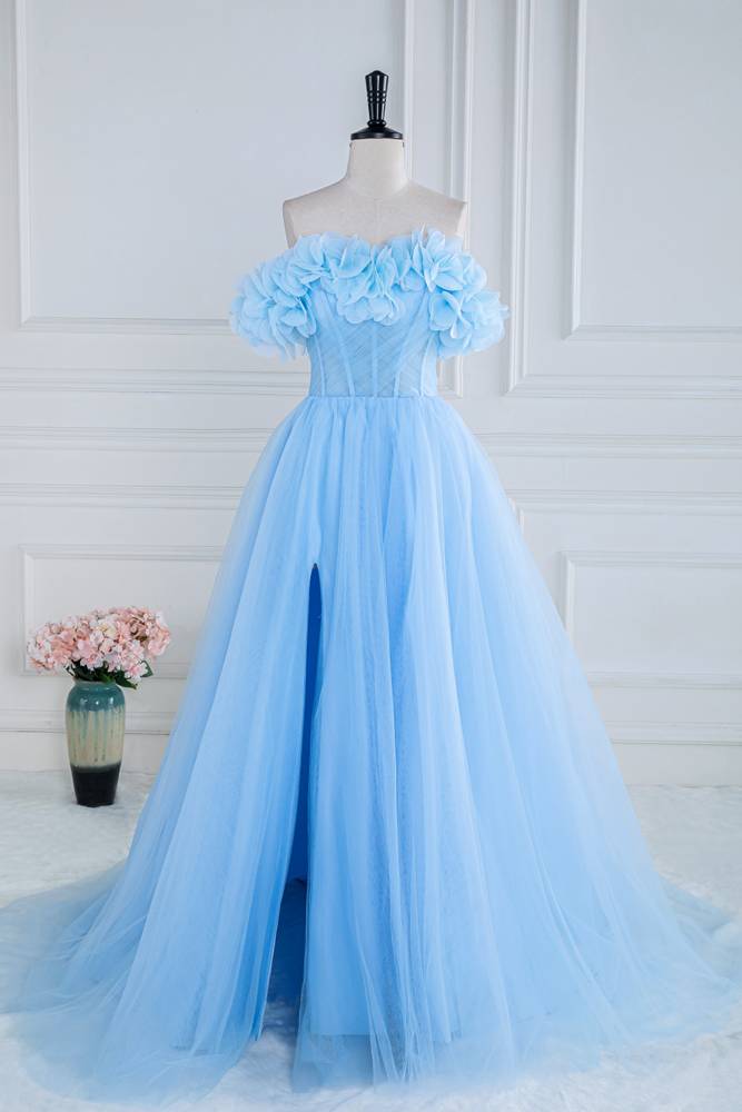 Sky Blue Off-The-Shoulder Tulle Spilit Front Prom Dresses with Flowers