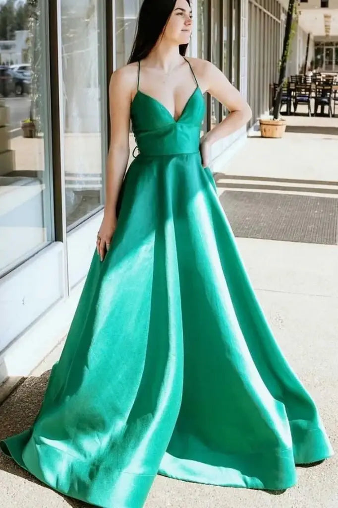 Emerald V-Neck A-Line Satin Formal Prom Dresses