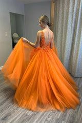 Orange V-Neck Sleeveless A-Line Tulle Formal Prom Dresses with Appliques