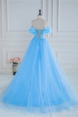 Sky Blue Off-The-Shoulder Tulle Spilit Front Prom Dresses with Flowers