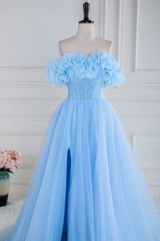Sky Blue Off-The-Shoulder Tulle Spilit Front Prom Dresses with Flowers