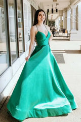 Emerald V-Neck A-Line Satin Formal Prom Dresses
